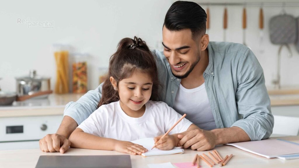 padre ayuda a su hija a hacer las tareas mientras la abraza los dos sonríen Qué pasa cuando solo hay afecto y no hay estructura Crianza con amor